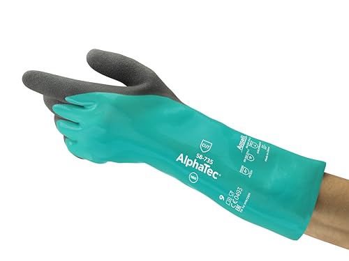Ansell AlphaTec 58-735 - Guantes de trabajo resistentes a los productos quÃmicos en nitrilo con resistencia al corte para bricolaje, uso industrial o mecánico, color verde, talla 7 (6 pares)