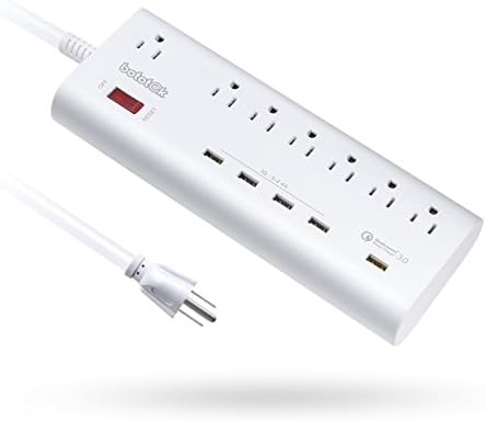 Bototek QC3.0 Power Strip 7-Outlet Surge Protector Charger 6-foot Heavy Duty Extension Cord with 5 Smart USB Charging Port（White)