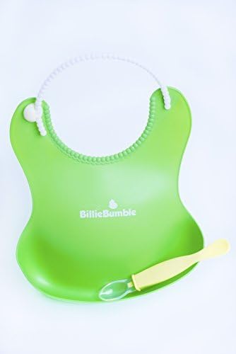 2 Pack Silicone Baby Bibs with BONUS Silicone Spoon and Recipes! Soft, Waterproof, Easy to Wash Green and Yellow For Boys & Girls