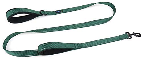 Wagtime Club Double Handle Dog Leash, 6ft Long Heavy Duty Dog Leash with Paded Traffic Handles for Extral Control and Training, Dual Handles Leads, Large Medium Small Dogs (Reflective Hunter Green)
