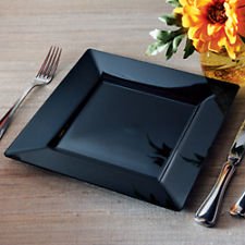 Square Plastic Dinner / Buffet Plates Black 10.75 Inch 120ct Elegant Wedding Plate
