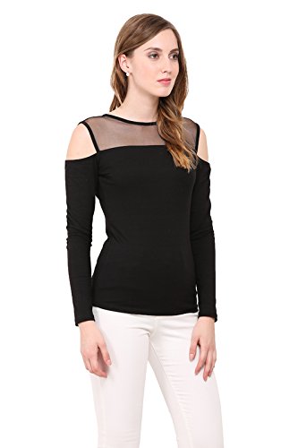 le bourgeois net yoke round neck cotton t-shirt for women