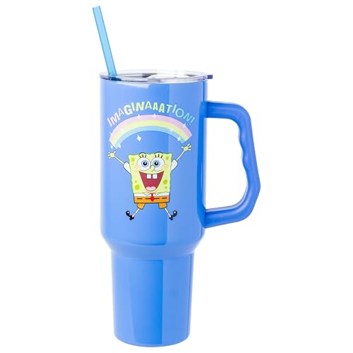 Silver Buffalo Spongebob Squarepants Rainbow Imagination Stainless Steel Tumbler with Handle and Straw, Fits in Standard Cup Holder, 40 Ounces