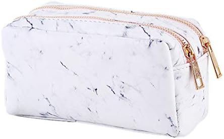 Newest Marble Makeup Bag, Portable PU Cosmetic Toiletry Pouch Organizer Travel Makeup Brush Holder Case Gold Zipper Pencil Stationery Storage Bag With 2 Pockets For Women Girls, 6.7x3.5x3.1 inch