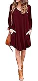 LILBETTER Women's Long Sleeve Casual Loose T-Shirt Dress (Wine Red L)