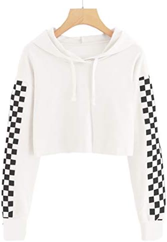 SUNMMWERY Girls Cute Crop Top Long Sleeve Hoodie Plaid Cropped Sweatshirt Pullover Jumper