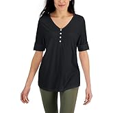 Karen Scott Solid Elbow-Sleeve Henley Tunic Top
