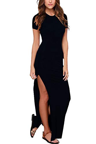 Meenew Womens Short Sleeve Summer Beach Vacation Bodycon High Slit Long Dress Black XL - Thumbnail 4