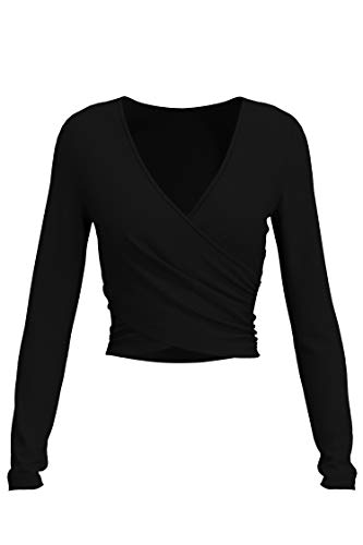 7028 Womens Deep V-Neck Long Sleeve Fitted Surplice Wrap Crop Top Black XS - Thumbnail 3