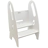 Little Partners The Growing Step Stool Adjustable Height Nursery, Kitchen or Bathroom Footstool - Wooden Non-Tip Design for Both Toddlers & Adults (Supports Up to 150lbs) (Soft White)