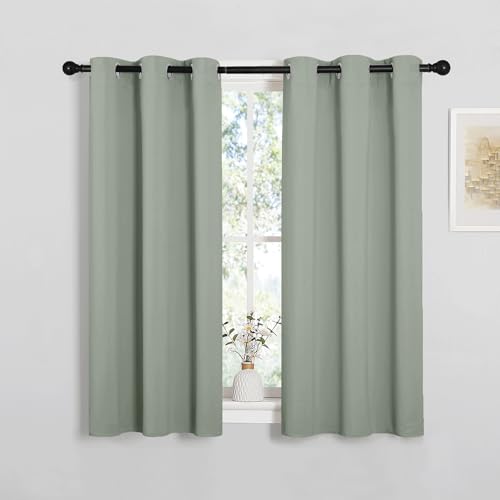 PONY DANCE Sage Green Thermal Curtains - Short 37x48 Inch, 2 Panels, Blackout, Energy Saving, for Kids' Bedroom, Small Windows