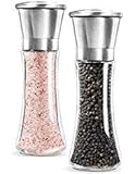 Stainless Steel Salt and Pepper Grinder Set of 2, 5 Grade Adjustable Ceramic Rotor, Spice Mills for Fine and Coarse Grinding, Salt and Pepper Shakers, 6 Oz Glass Tall Body