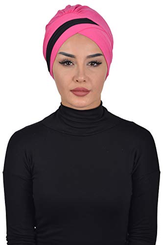 Instant Turban Cotton Scarf Head Wrap Cancer Chemo Headwear Two Clr Fuchsia Blck