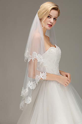 Women's Short 2 Tier Tulle Sheer Lace Wedding Bridal Veil with Comb(Ivory)