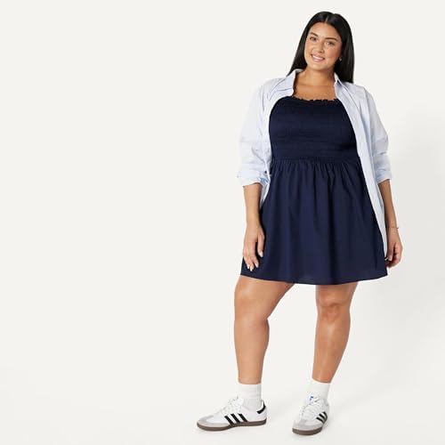 Vestido con Corpiño Nido de Abeja de Satén de Algodón de Corte Recto Mujer, Azul Marino, XS
