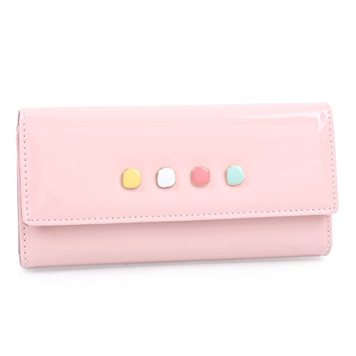 Damara Womens Colorful Buttons Fashion Patent Leather Wallet Purse,Pink