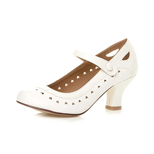 Ajvani Womens Ladies Low Kitten Heel Work Classic Court Shoes - White Matt - 4 UK