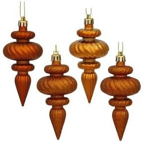 Vickerman 4" 4-Finish Finial Ornament, Shatterproof Plastic Christmas Tree Decoration, 8 Pack, Burnished Orange Shiny, Matte, Glitter and Sequin Finishes