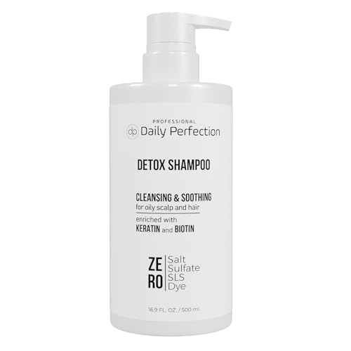 DAILY PERFECTION DETOX SHAMPOO TO REMOVE BUILD-UP, OIL, AND DIRT. SALON-GRADE FORMULA WITH BIOTIN AND KERATIN, SALT-FREE, SULFATE-FREE, AND PARABEN-FREE FOR CLEAN, REFRESHED HAIR.