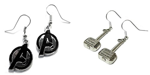 Avenger Logo and Thor Hammer with Writing Dangle Earrings w/Gift Box