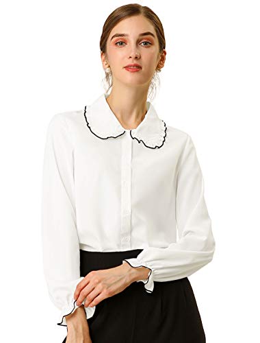 Allegra K Women's Sweet Ruffle Peter Pan Collar Long Sleeves Button Up Shirt M White