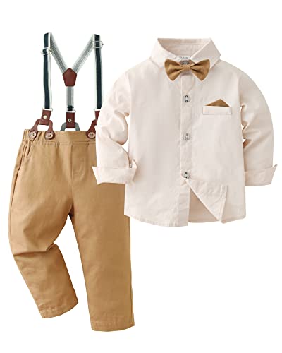 DISAUR Baby Boy Clothes Suits, Toddler Dress Shirt with Bowtie + Suspender Pants Outfit Sets Gentleman Wedding Beige