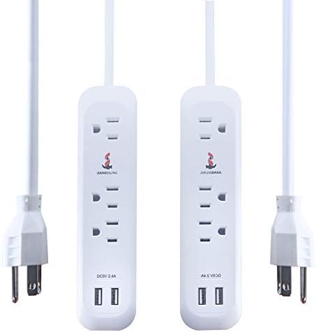 USB Power Strip Surge Protector Long Extension Cord 6 feet, 3 Outlets, 2 USB Ports (2.4A/12W), Overload Protection, Mountable Power Strip for Home Office, 1250W/10A, SGS Listed, White.Two Pack