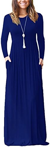 FOXSEN Womens' Women Long Sleeve Round Neck Casual Loose Long Maxi Dress with Pocket Dark Blue 3XL