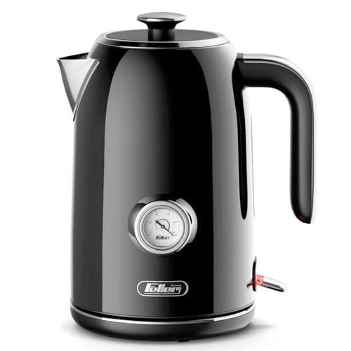 Feller Germany, Retro Style 1.7L Kettle with Thermometer, 2200 W, Stainless Steel Body, STRIX Controller, Dry Boil & Automatic Switch-Off, EK200, 2Y Guarantee-UAE Version (Black)
