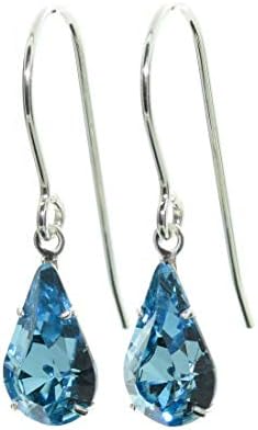 925 Sterling Silver fishhook earrings for women made with Aquamarine Blue teardrop crystal from Swarovski®. London jewellery box. Hypoallergenic & Nickel Free Jewellery for Sensitive Ears