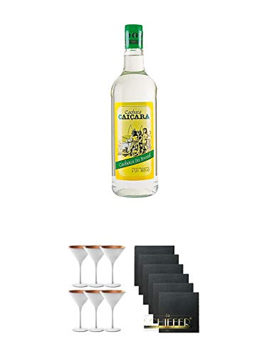 Caiçara Cachaca Brasilien 1,0 Liter + Stölzle Cocktail-und Martiniglas Olympic Serie 6 Gläser - 1408825 + Schiefer Glasuntersetzer eckig 6 x ca. 9,5 cm Durchmesser
