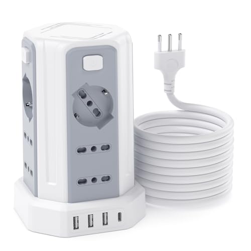 Power Strip 5 m with 12 Universal Sockets 10/16A ITA and Schuko and 3 USB A+1 USB C Overvoltage Protection with 4 Independent Switches, White