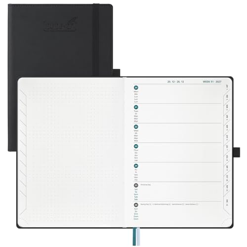 BEZEND School Diary 2026 2027 Week to View A5 15.5 x 21 cm, 18 Months from Jul.26 to Dec.27, Week to View with Dotted Page, 90 GSM Paper, Hard Cover PU Leather - Black