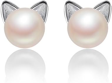 Sterling Silver Cat Stud Earrings Freshwater Cultured Pearl Stud Earrings for Women Girls