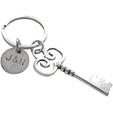 Custom Key Charm Keychain with Stamped Tag for Couples Initials, Anniversary Gift Keychain
