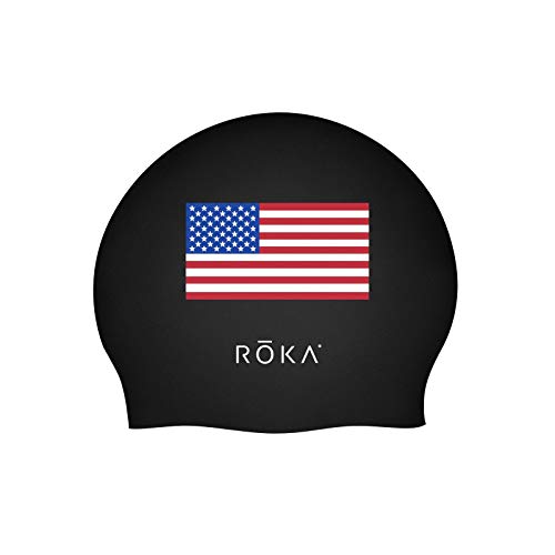 ROKA Team USA Pro Adult Silicone Swim Cap for Training and Competition - Black Cap with Red, White, and Blue Flag