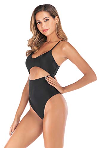 Agreya Women\'s high Slit Halter Back one-Piece Swimsuit (Black, L)