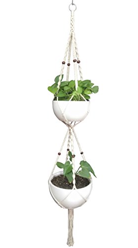 Macrame Plant Hanger & Holder, Hanging Planter 4 Legs Double Deck For 8 inch to 10 inch Two Pots Indoor Outdoor Hanging Planter Hemp Rope 67 Inch with Metal ring (Cotton)