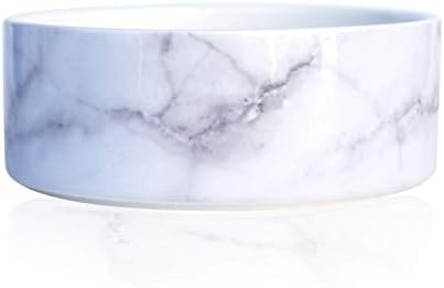 Should We Go? Ceramic Dog Bowl: Cute, Modern Food + Water Dish for Pets. Heavy, Won’t Tip, Dishwasher + Microwave Safe. (White Marble, Small, 6″ x 2.25″)