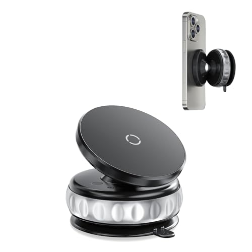 Vacuum Suction Magnetic Car Phone Holder, 360° Adjustable Car Phone Mount, Suction Cup Cell Phone Holders for Your Car Compatible with iPhone Android and All Smartphones (Black)