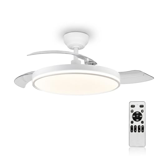 MARSI Ceiling Fan with LED Light 106 cm, Invisible Retractable Blades, Silent Fan with RF Remote Control, Reversible DC Motor, 6 Speed, Dimmable LED, for Bedroom and Living Room