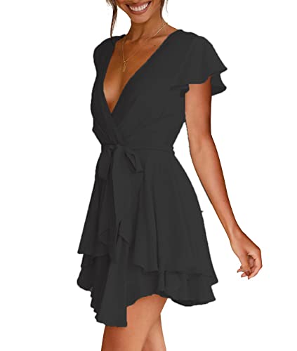 FLYBONY WOMENS SHORT SLEEVE V NECK BLACK COCKTAIL DRESS TIE WAIST RUFFLE MINI SWING SKATER DRESSES
