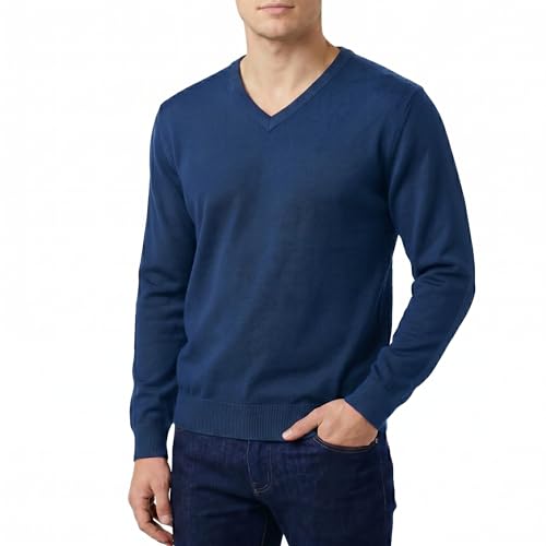 Castle Point Herren Strickpullover 100% Baumwolle – Leichter Pullover Rundhals oder V-Ausschnitt, Baumwoll Pullover Herren, Feinstrick Sweater für Freizeit Arbeit Alltag (Denim, M)