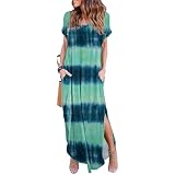 BELAROI Women's Plus Size Tie Dye Maxi Dress - V Neck, Short Sleeve, Side Pockets & Split, Loose Fit (Dark Blue, 3X) - View #3
