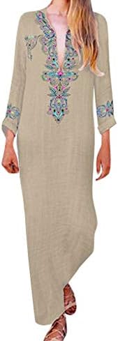 Women Boho Loose Kaftan Oversized Sundress Pleat Tunic V Neck Maxi Dress JHKUNO