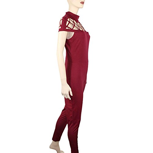 PHOTNO Women's jumpsuits Rompers for women High Neck Caged short sleeve Playsuits (M, Red)