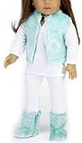 Sophia's Doll Clothing Teal Fur Vest 4pc. Set, fits American Girl Dolls, White Shirt, Doll Fur Vest, White Leggings & Teal Fur Doll Boots