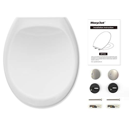 Toilet Seat with Oval Shape, Heavy Duty Urea-Formaldehyde Anti-Bacterial Material, Soft Close Toilet Seats White with One Button Quick Release, Adjustable Stainless Hinges, 2pcs Small Stickers