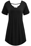 Meaneor Women's Cross Back Basic Short Sleeve Comfy Loose Fit Long Tunic Top
