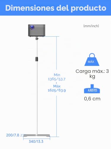 suptek Floor Stand for Projector 162 cm, Height Adjustable 136-162 cm, 360° Rotation, Stable Metal Base for Sofa or Bed, 1/4 Inch Screw, Ideal for Mini Projectors and Cameras, White